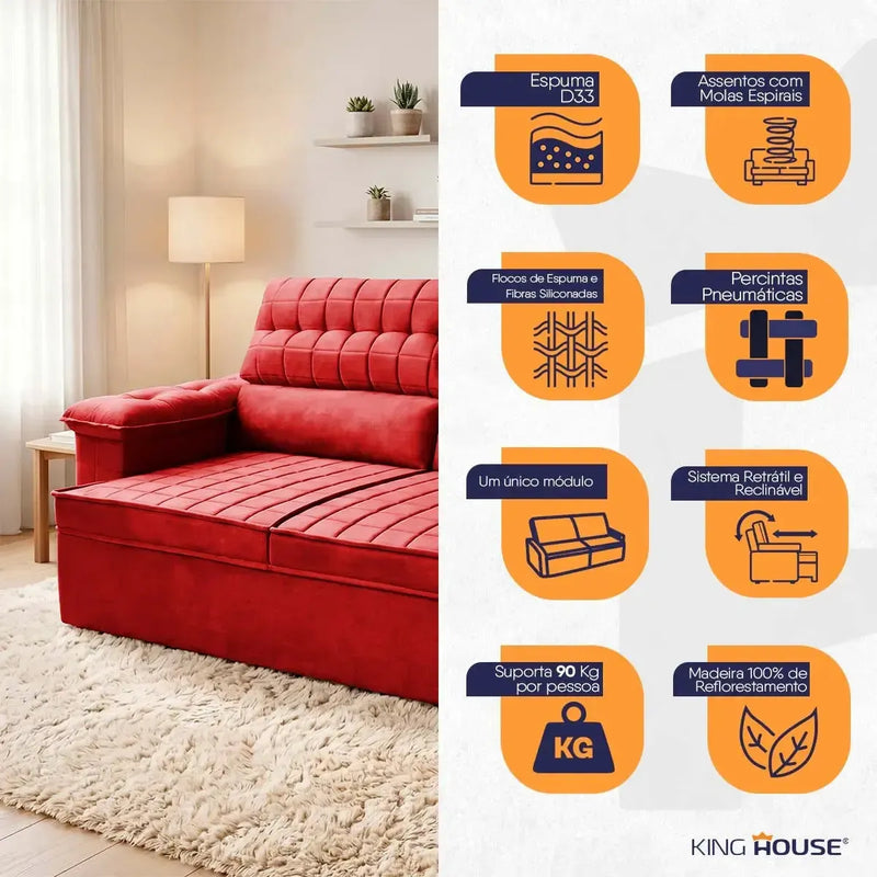 Sofá Retrátil Reclinável 3 lugares com molas 2,00m Quantum Suede Velut Vermelho