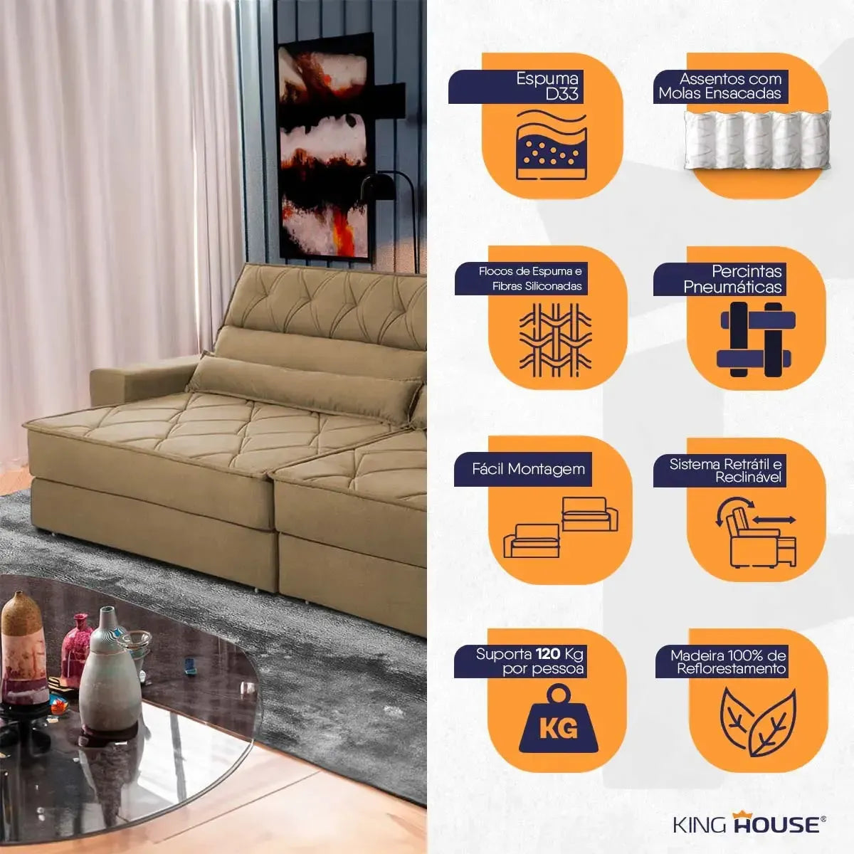 Sofá Retrátil Reclinável 3,00m Albany Suede Velut Bege Molas Ensacadas