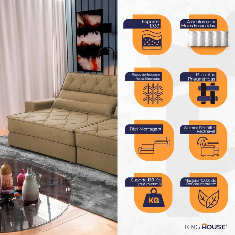 Sofá Retrátil Reclinável 3,00m Albany Suede Velut Bege Molas Ensacadas