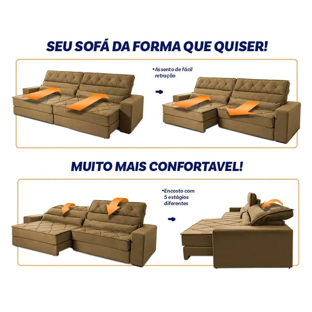 Sofá Retrátil Reclinável 3,00m Albany Suede Velut Bege Molas Ensacadas