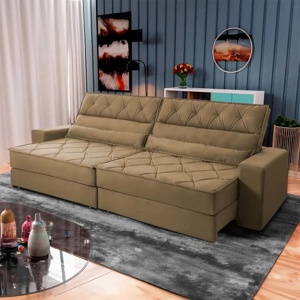 Sofá Retrátil Reclinável 3,00m Albany Suede Velut Bege Molas Ensacadas