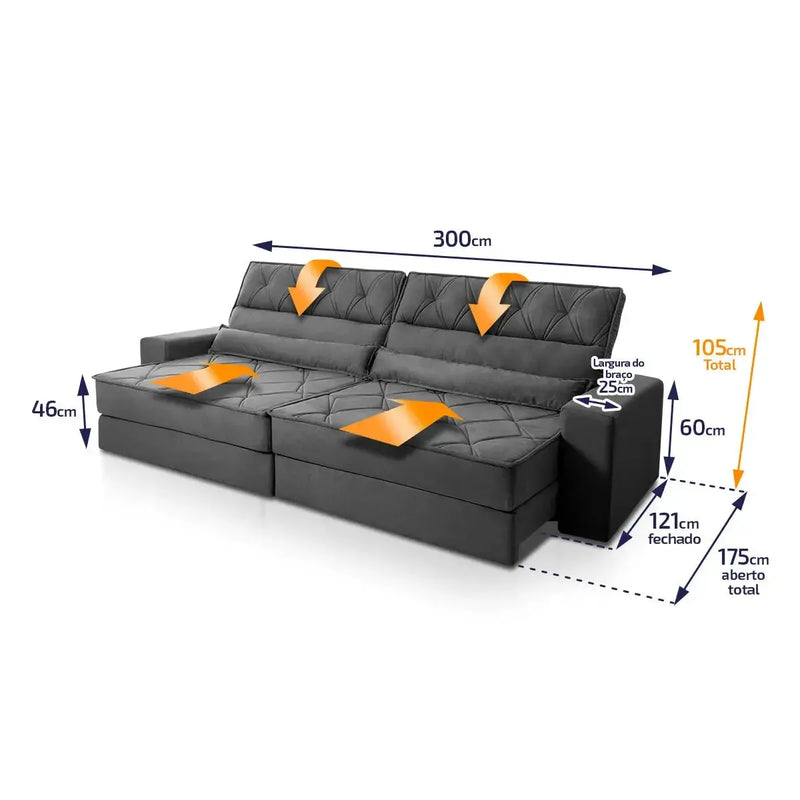 Sofá Retrátil Reclinável 3,00m Albany Suede Velut Cinza Molas Ensacadas