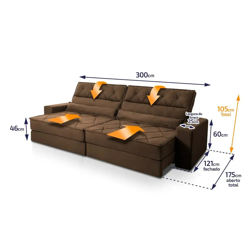 Sofá Retrátil Reclinável 3,00m Albany Suede Velut Marrom Molas Ensacadas