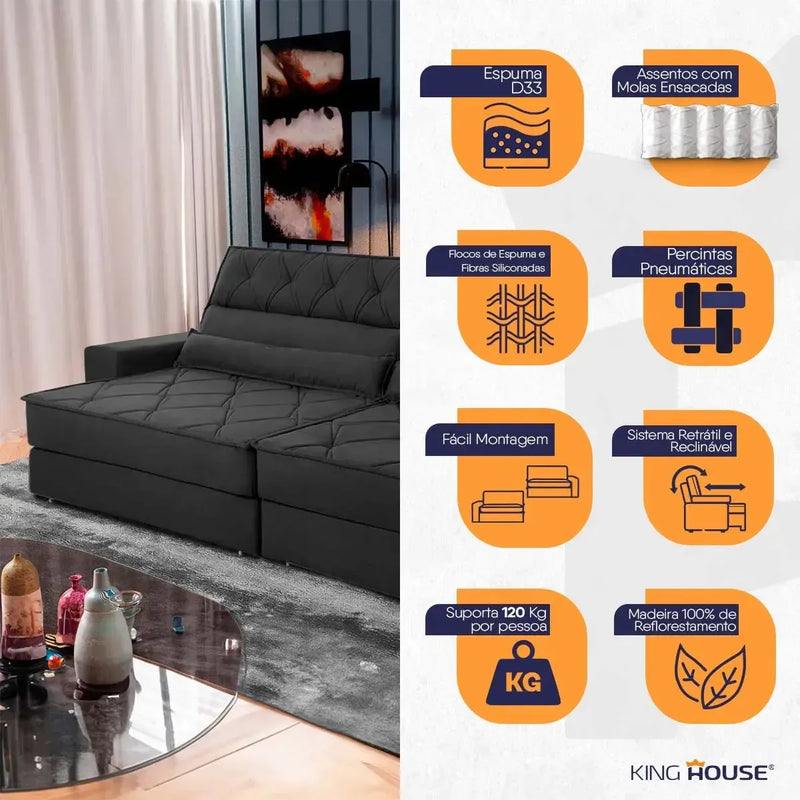 Sofá Retrátil Reclinável 3,00m Albany Suede Velut Preto Molas Ensacadas
