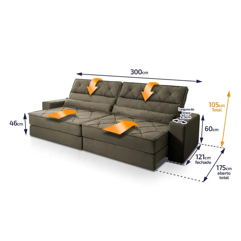 Sofá Retrátil Reclinável 3,00m Albany Suede Velut Tabaco Molas Ensacadas