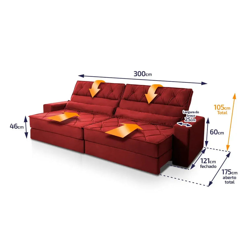 Sofá Retrátil Reclinável 3,00m Albany Suede Velut Vermelho Molas Ensacadas