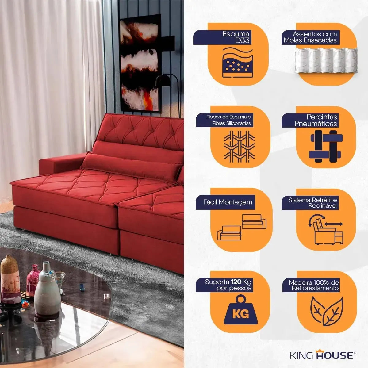 Sofá Retrátil Reclinável 3,00m Albany Suede Velut Vermelho Molas Ensacadas