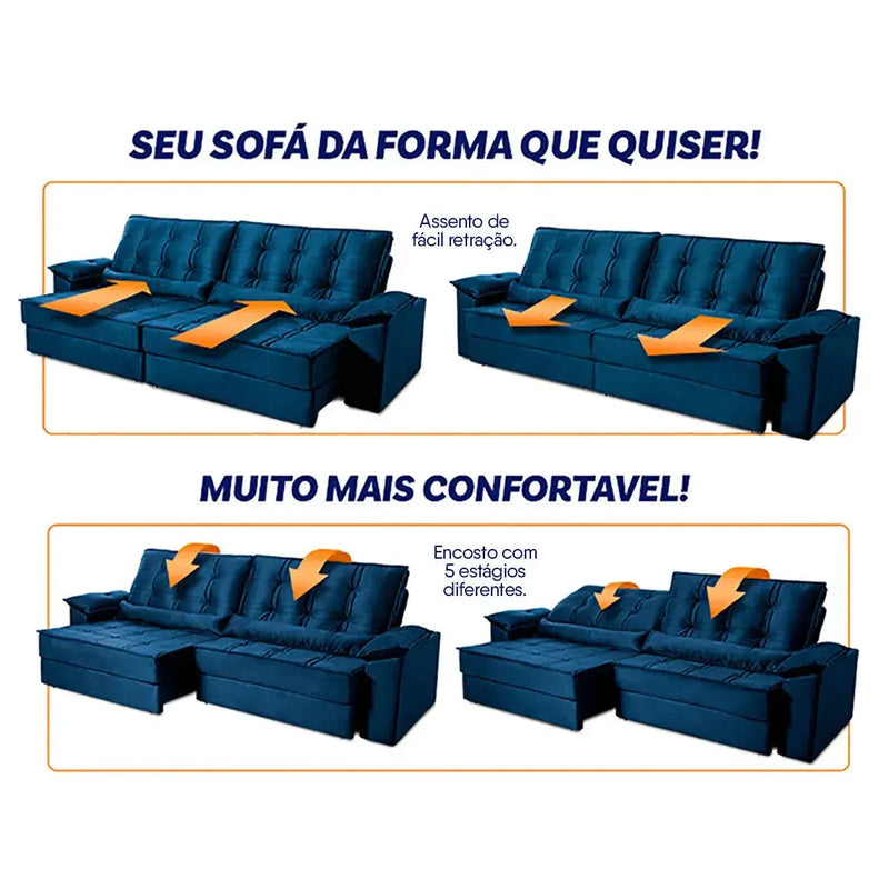 Sofá Retrátil Reclinável 3,00m Ascari Suede Velut Azul Marinho molas Ensacadas