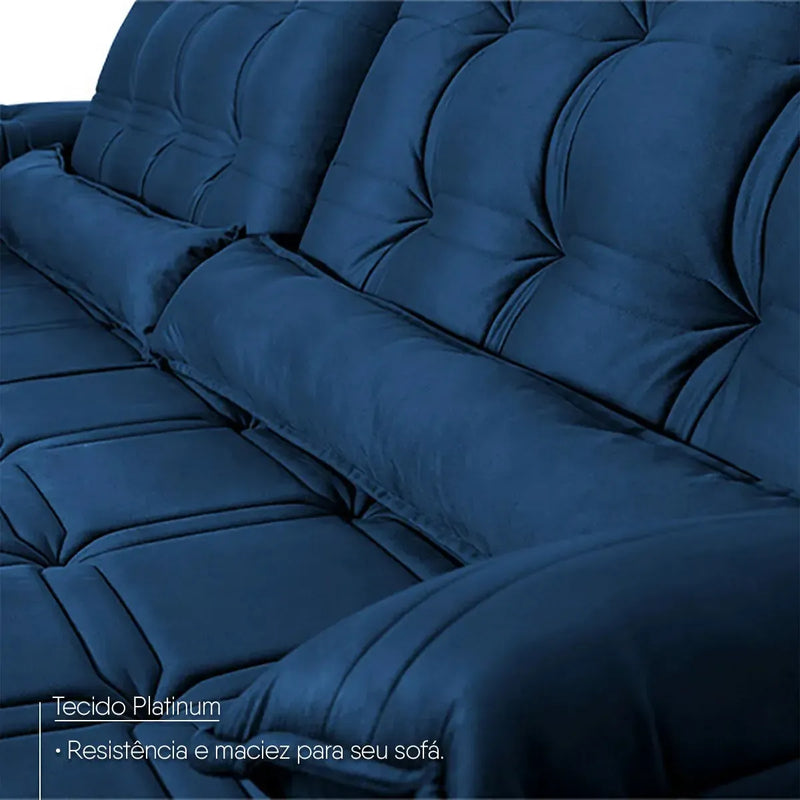 Sofá Retrátil Reclinável 3,00m Ascari Suede Velut Azul Marinho molas Ensacadas