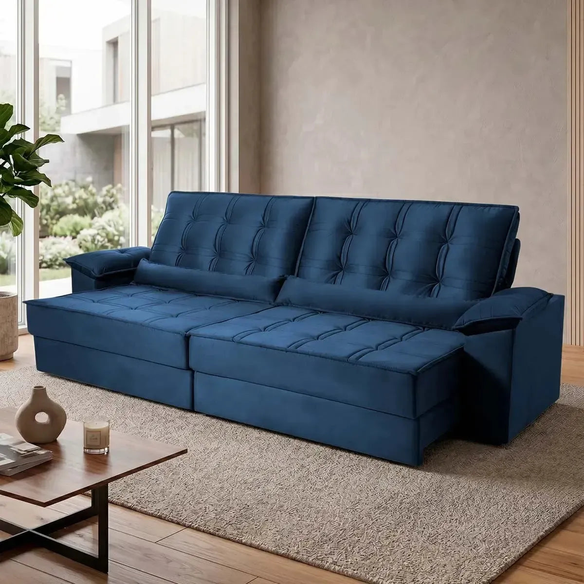 Sofá Retrátil Reclinável 3,00m Ascari Suede Velut Azul Marinho molas Ensacadas