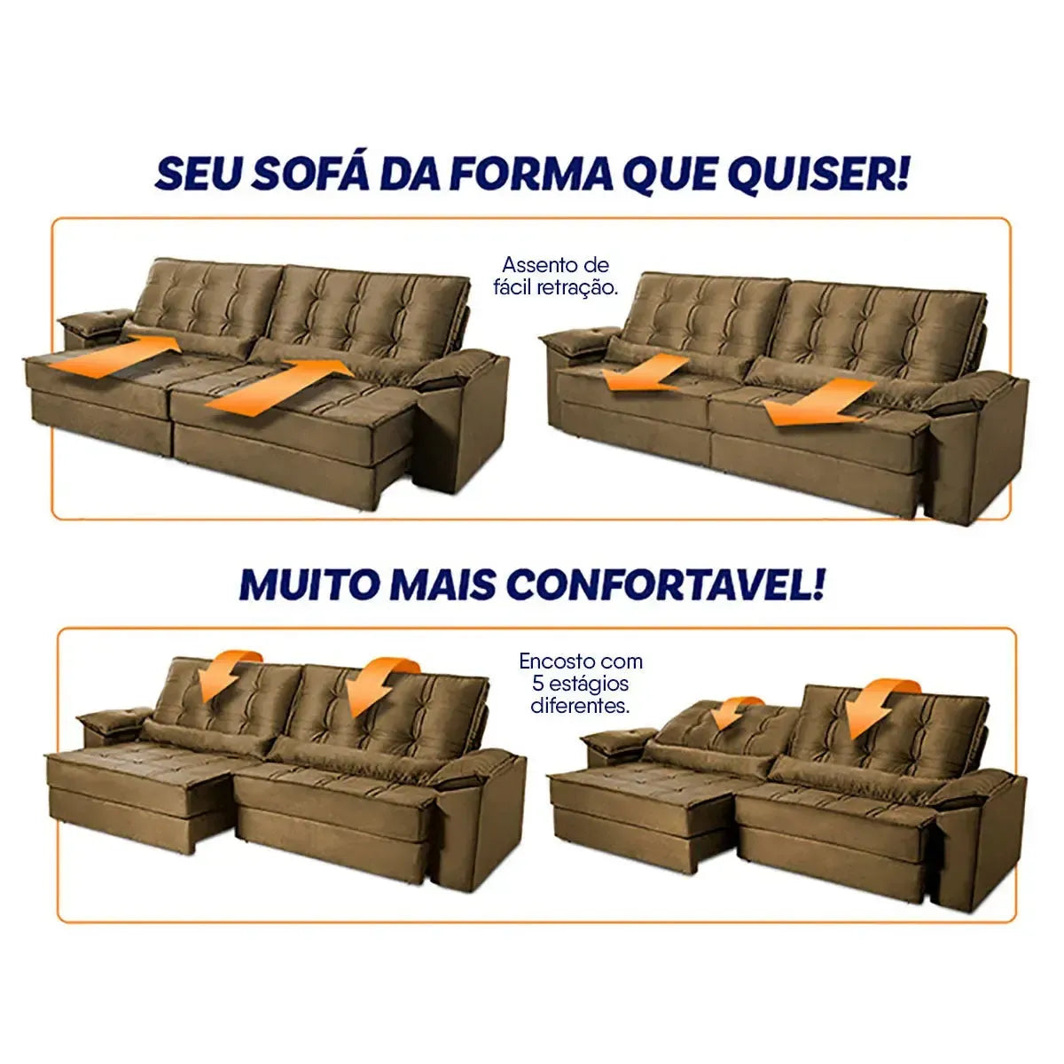 Sofá Retrátil Reclinável 3,00m Ascari Suede Velut Bege molas Ensacadas