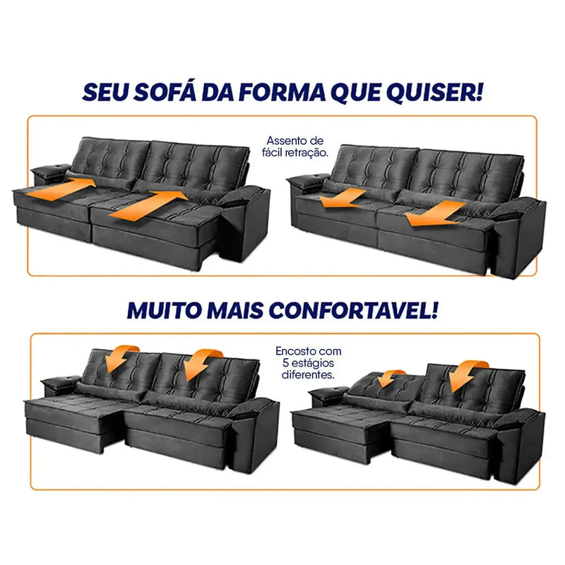 Sofá Retrátil Reclinável 3,00m Ascari Suede Velut Cinza molas Ensacadas