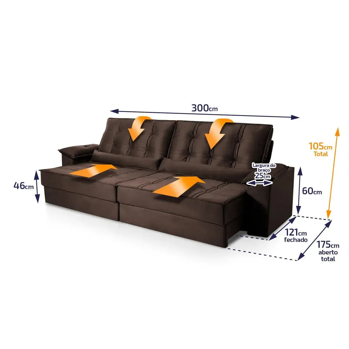 Sofá Retrátil Reclinável 3,00m Ascari Suede Velut Marrom molas Ensacadas