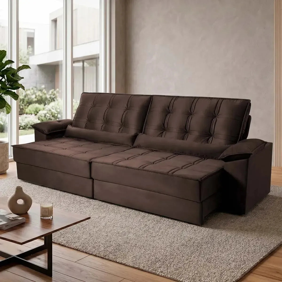 Sofá Retrátil Reclinável 3,00m Ascari Suede Velut Marrom molas Ensacadas
