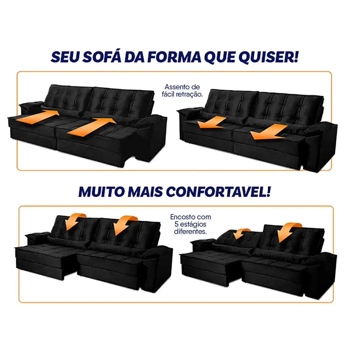 Sofá Retrátil Reclinável 3,00m Ascari Suede Velut Preto molas Ensacadas