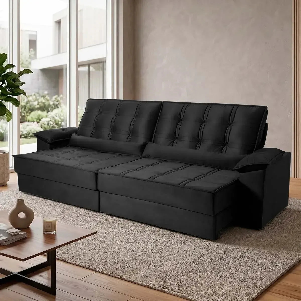 Sofá Retrátil Reclinável 3,00m Ascari Suede Velut Preto molas Ensacadas