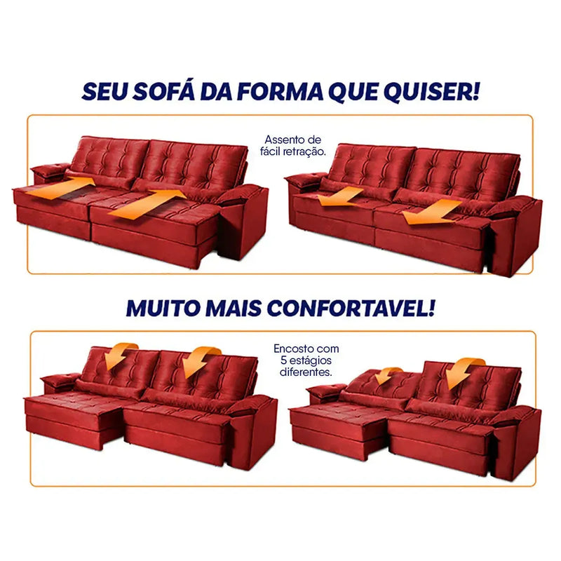 Sofá Retrátil Reclinável 3,00m Ascari Suede Velut Vermelho molas Ensacadas