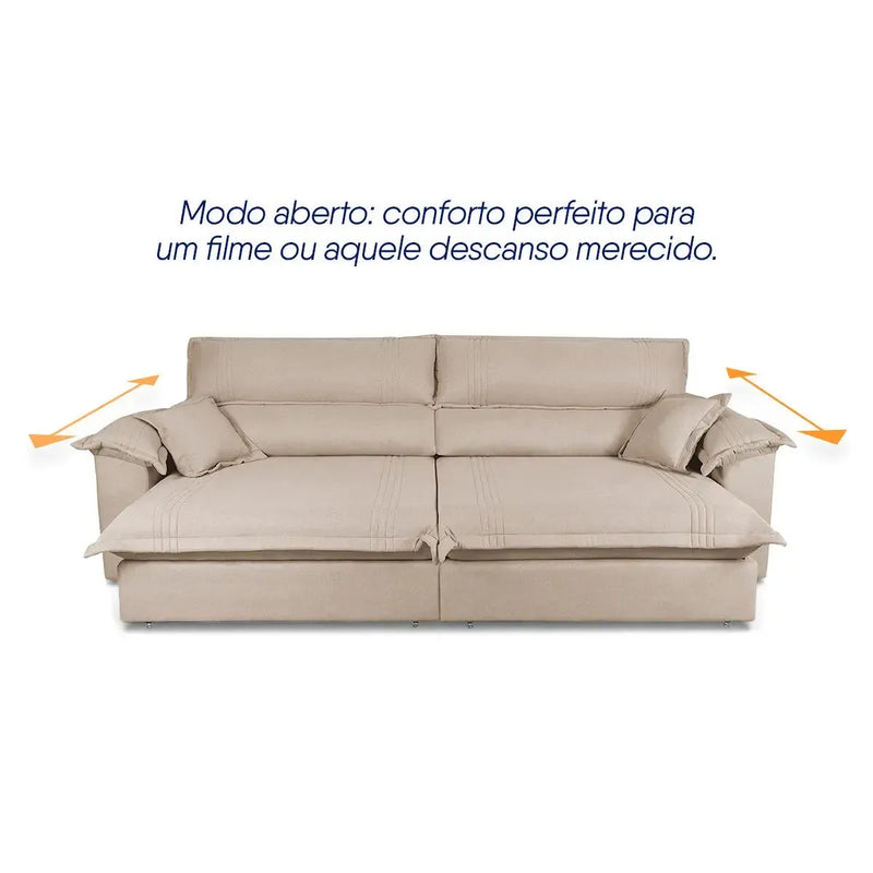 Sofá retrátil reclinável Nivus bege de linho rústico, com assentos estendidos e molas ensacadas.