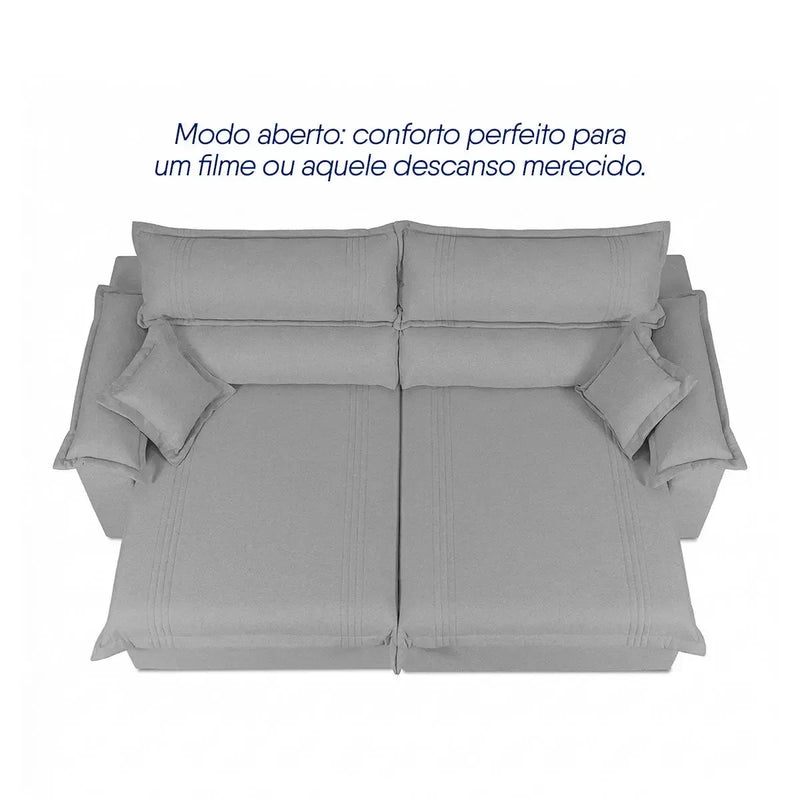 Sofá retrátil reclinável Nivus cinza de linho rústico, com molas ensacadas, em modo aberto.