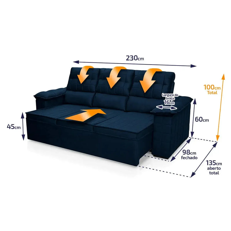 Sofá Retrátil Reclinável 4 lugares com molas 2,30m Quantum Suede Velut Azul