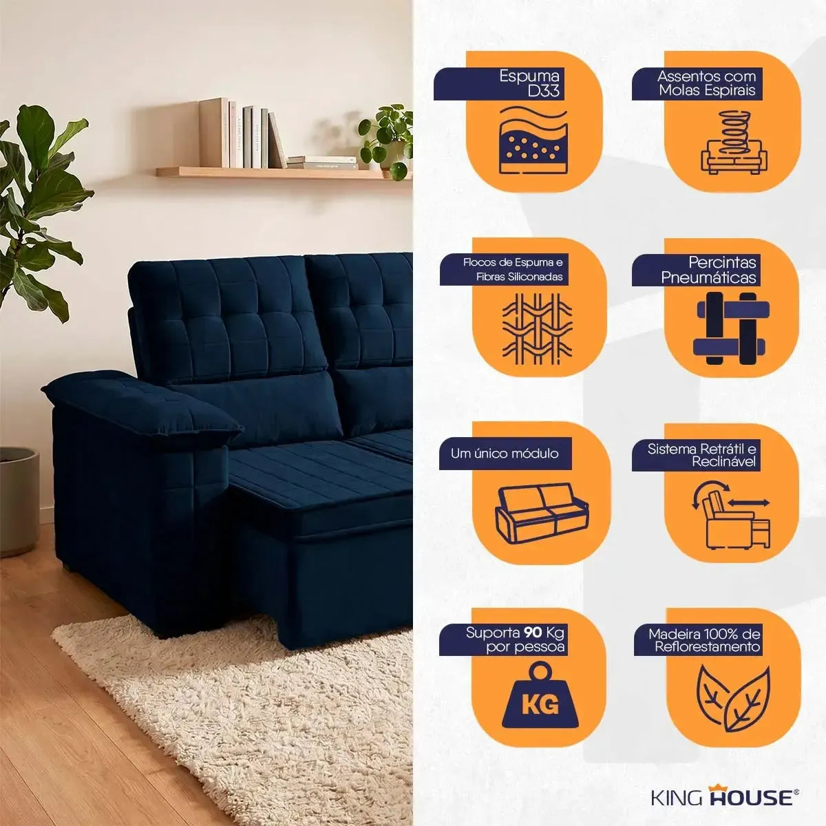 Sofá Retrátil Reclinável 4 lugares com molas 2,30m Quantum Suede Velut Azul