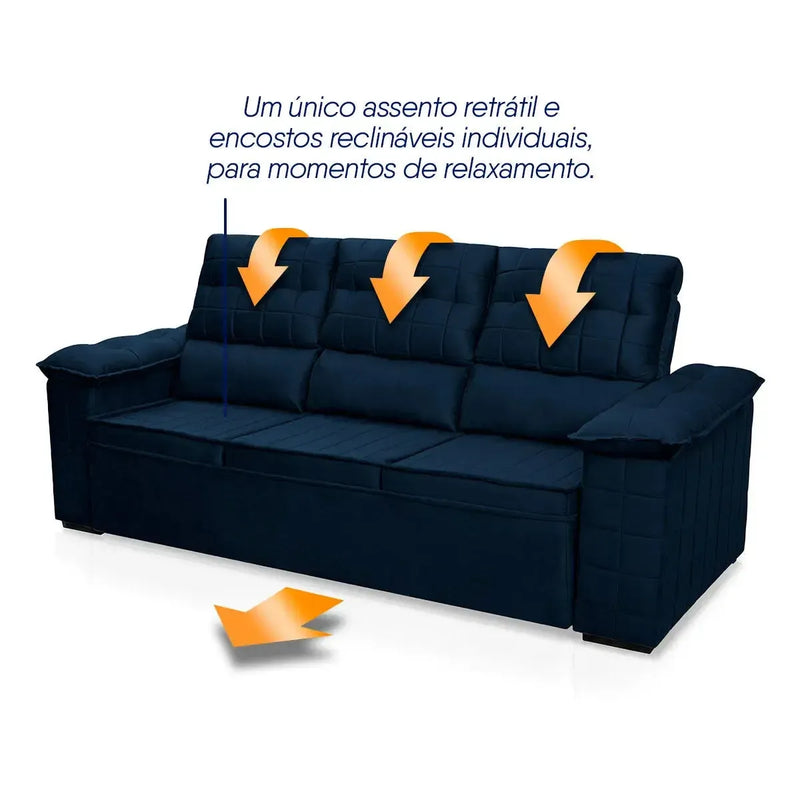 Sofá Retrátil Reclinável 4 lugares com molas 2,30m Quantum Suede Velut Azul
