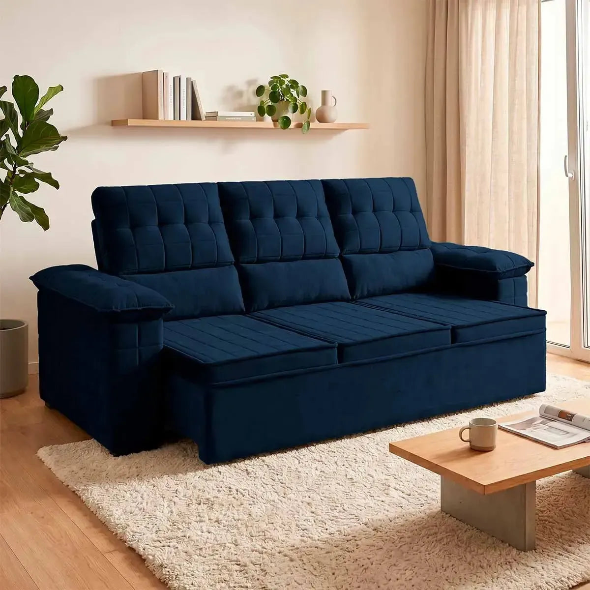 Sofá Retrátil Reclinável 4 lugares com molas 2,30m Quantum Suede Velut Azul