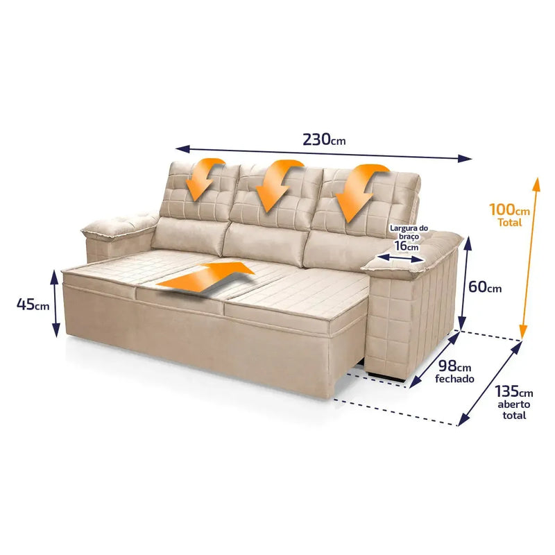 Sofá Retrátil Reclinável 4 lugares com molas 2,30m Quantum Suede Velut Bege