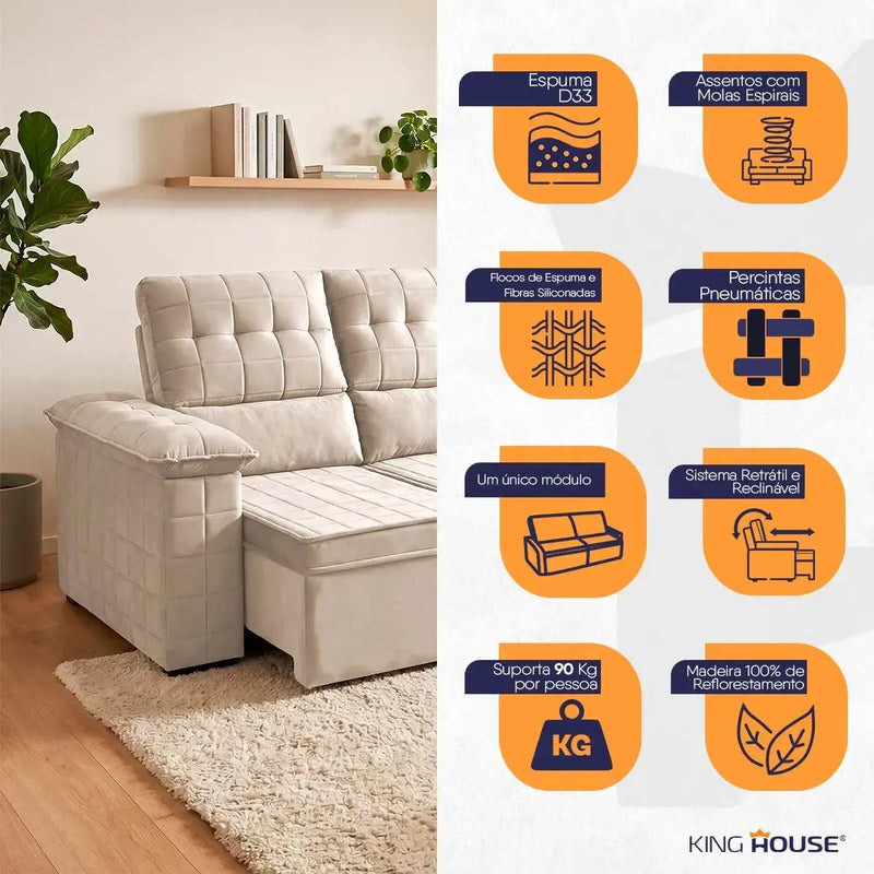 Sofá Retrátil Reclinável 4 lugares com molas 2,30m Quantum Suede Velut Bege