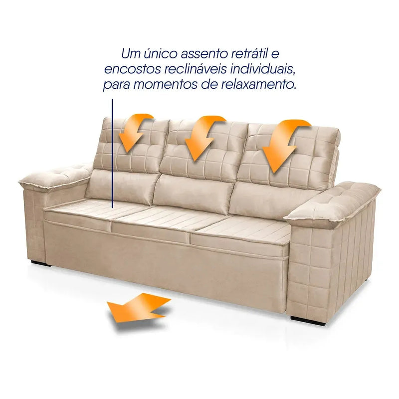 Sofá Retrátil Reclinável 4 lugares com molas 2,30m Quantum Suede Velut Bege