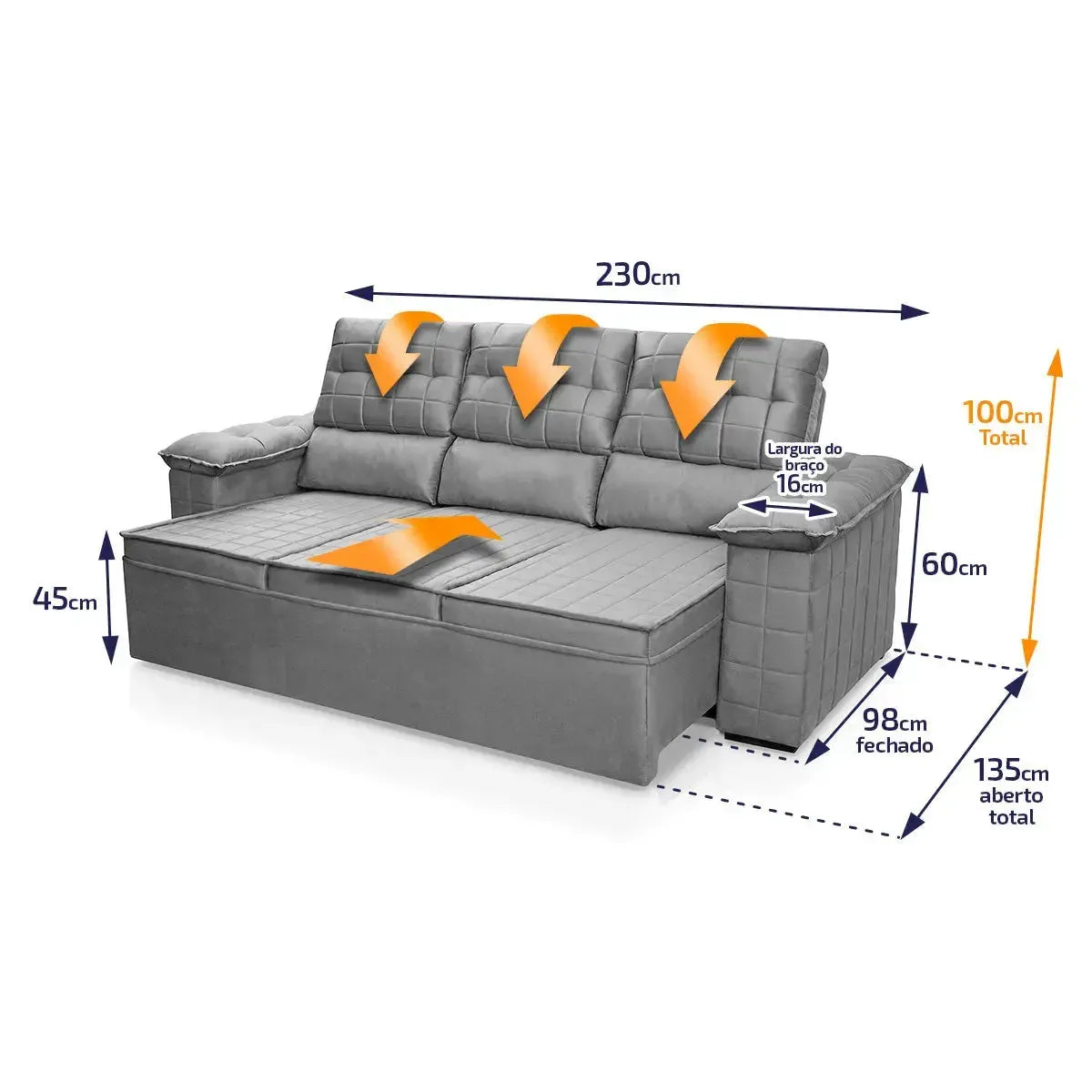 Sofá Retrátil Reclinável 4 lugares com molas 2,30m Quantum Suede Velut Cinza