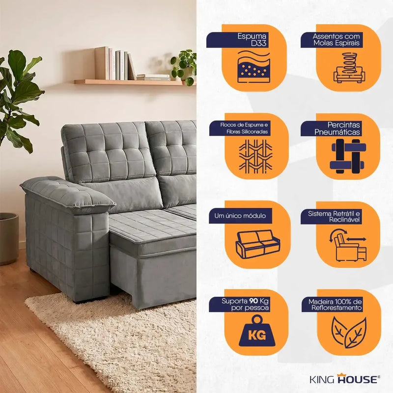 Sofá Retrátil Reclinável 4 lugares com molas 2,30m Quantum Suede Velut Cinza