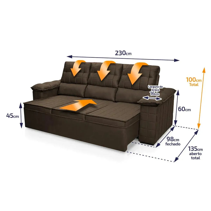 Sofá Retrátil Reclinável 4 lugares com molas 2,30m Quantum Suede Velut Marrom