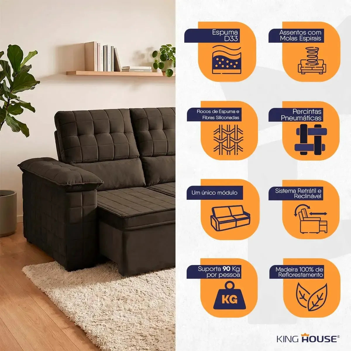 Sofá Retrátil Reclinável 4 lugares com molas 2,30m Quantum Suede Velut Marrom