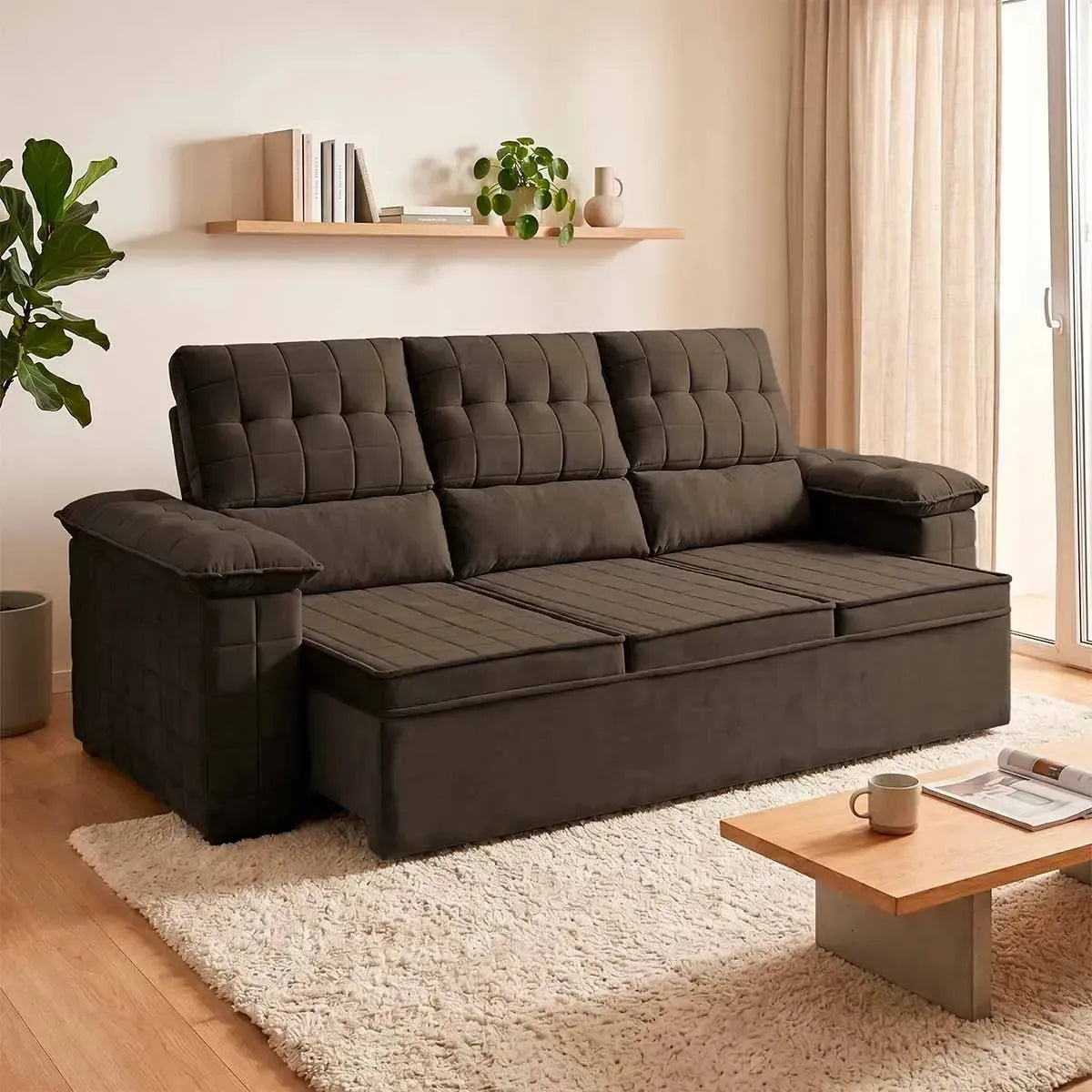 Sofá Retrátil Reclinável 4 lugares com molas 2,30m Quantum Suede Velut Marrom