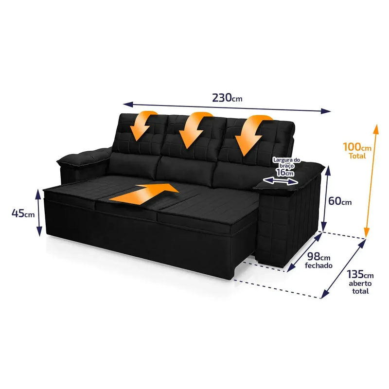 Sofá Retrátil Reclinável 4 lugares com molas 2,30m Quantum Suede Velut Preto