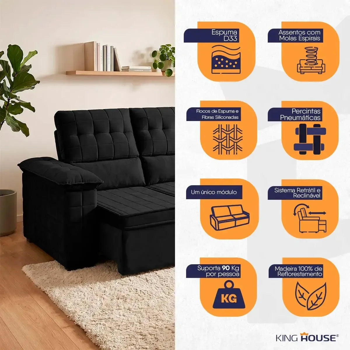 Sofá Retrátil Reclinável 4 lugares com molas 2,30m Quantum Suede Velut Preto