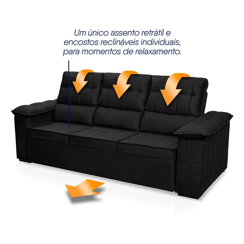 Sofá Retrátil Reclinável 4 lugares com molas 2,30m Quantum Suede Velut Preto