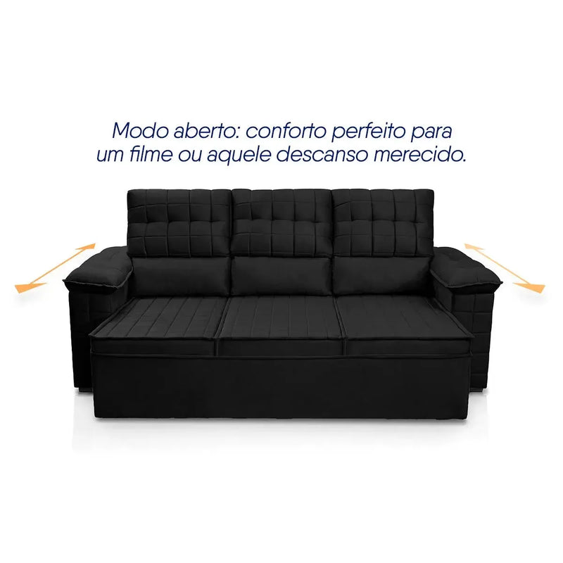 Sofá Retrátil Reclinável 4 lugares com molas 2,30m Quantum Suede Velut Preto