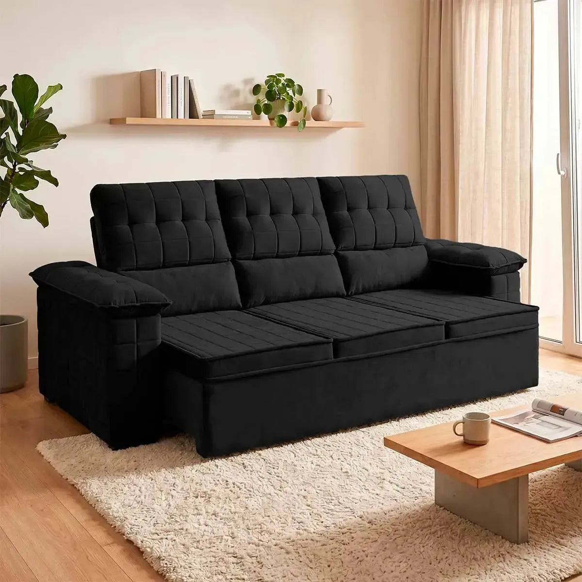 Sofá Retrátil Reclinável 4 lugares com molas 2,30m Quantum Suede Velut Preto