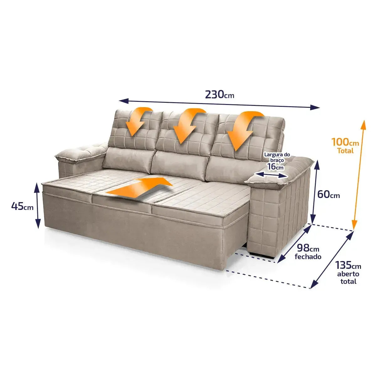 Sofá Retrátil Reclinável 4 lugares com molas 2,30m Quantum Suede Velut Tabaco