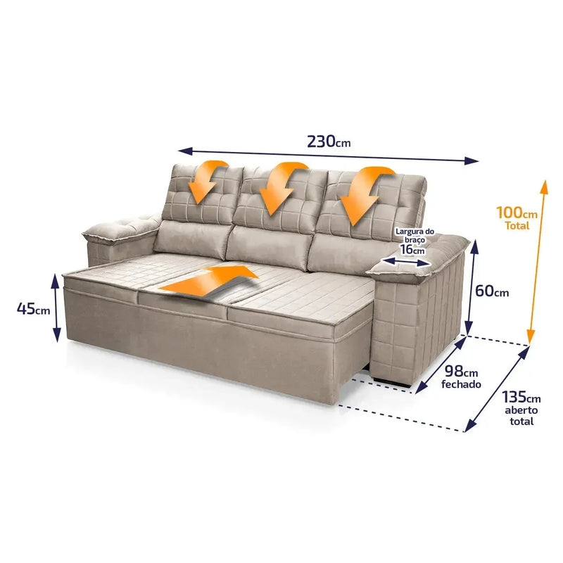 Sofá Retrátil Reclinável 4 lugares com molas 2,30m Quantum Suede Velut Tabaco