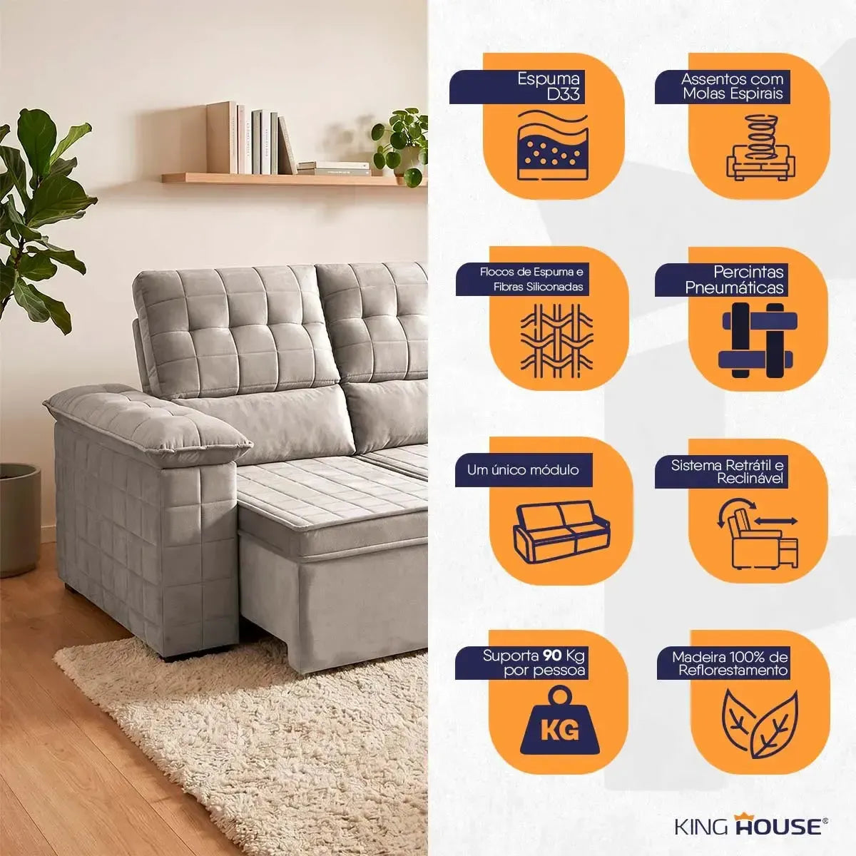 Sofá Retrátil Reclinável 4 lugares com molas 2,30m Quantum Suede Velut Tabaco