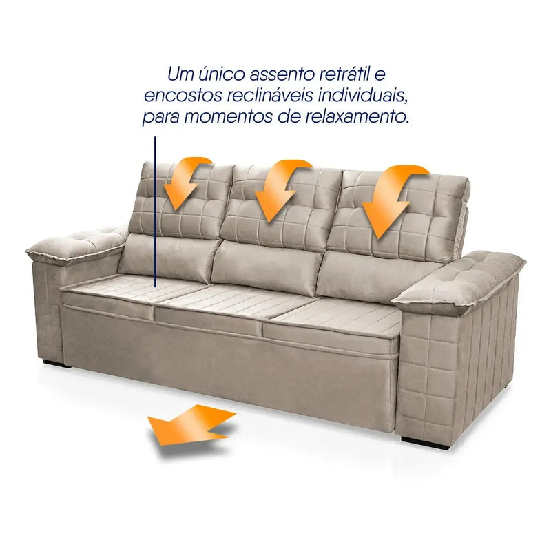 Sofá Retrátil Reclinável 4 lugares com molas 2,30m Quantum Suede Velut Tabaco
