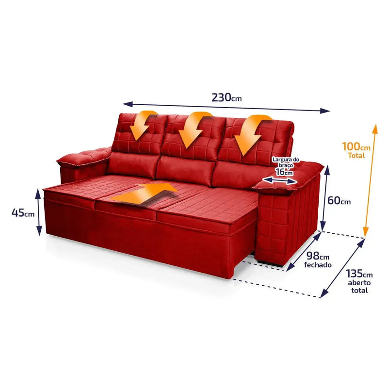 Sofá Retrátil Reclinável 4 lugares com molas 2,30m Quantum Suede Velut Vermelho