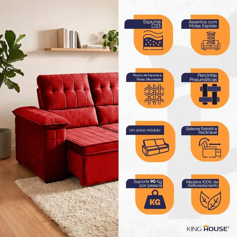 Sofá Retrátil Reclinável 4 lugares com molas 2,30m Quantum Suede Velut Vermelho