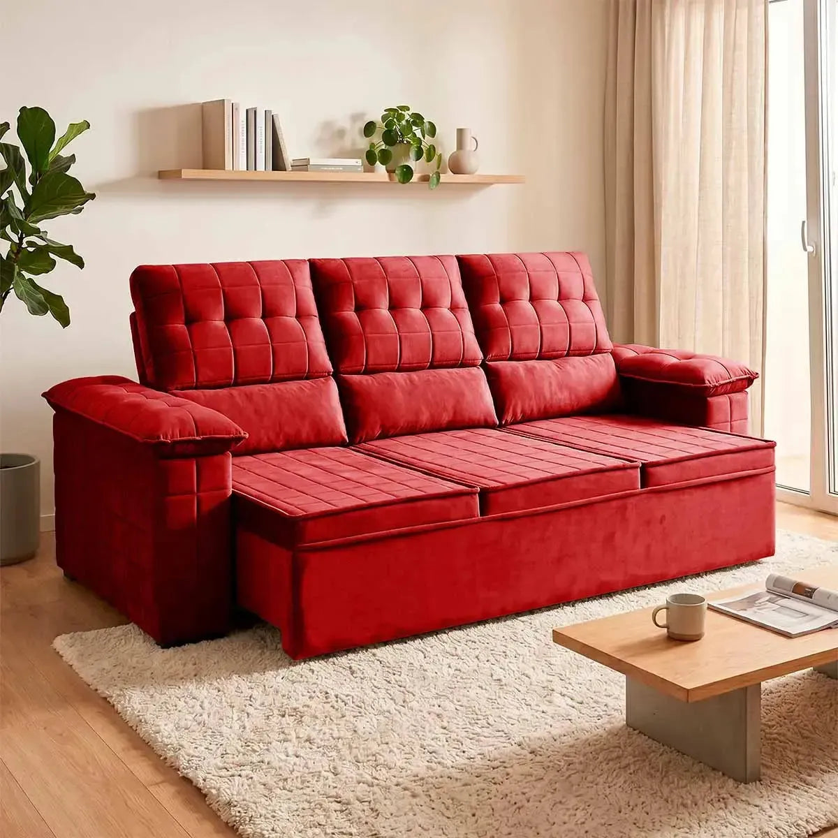 Sofá Retrátil Reclinável 4 lugares com molas 2,30m Quantum Suede Velut Vermelho