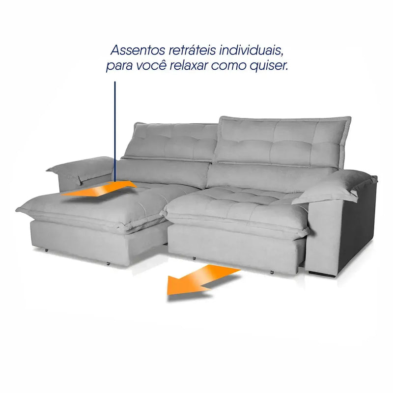 Sofá Retrátil Reclinável Aconchego 2,30m Bouclê Cinza