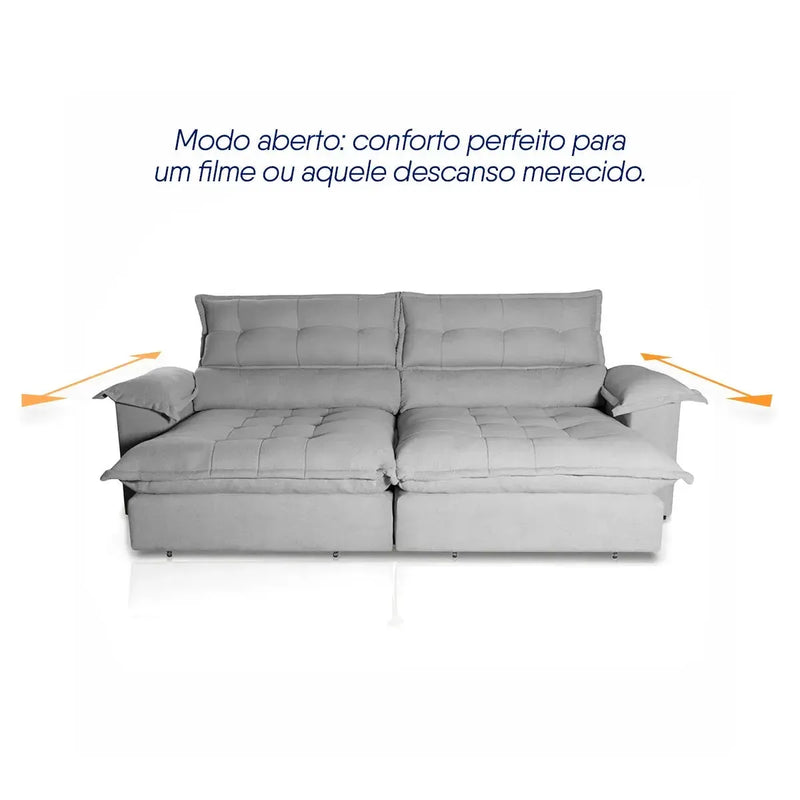 Sofá Retrátil Reclinável Aconchego 2,50m Bouclê Cinza