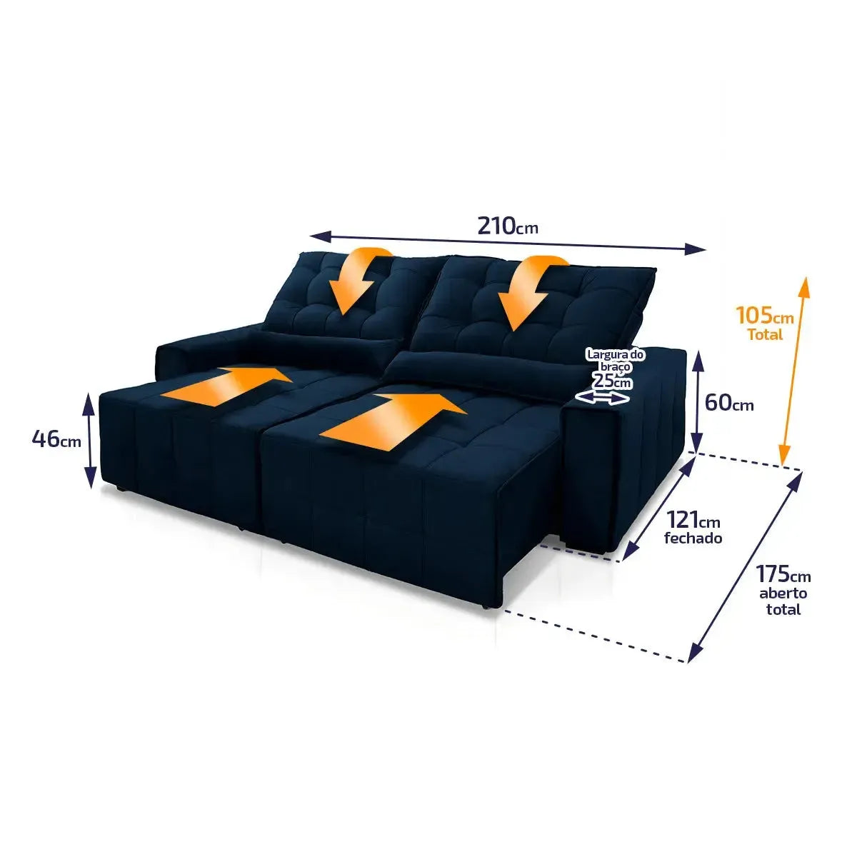 Sofá retrátil e reclinável Alaska azul escuro em suede velut, com dimensões detalhadas.
